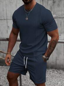 Manfinity CasualCool 男士夏季基本款纯色针织休闲圆领短袖两件套西装，适合日常休闲穿着，适合送给老公和男朋友的礼物男士两件套休闲短套装男士套装男士两件套服装两件套男士套装蓝色男士夏季运动服 - 藍色 - 查看 5