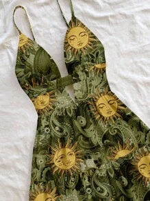 Soleia 休闲度假风格绿色太阳神佩斯利和腰果图案女士休闲度假 V 领镂空露背荷叶边下摆迷你连衣裙，适合夏季度假