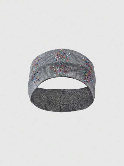 Grunge Punk 1pc Punk Fashion Double Row Rhinestone Star Knitted Headband, Minimalist Rhinestone Embellished Solid Color Wide Stretch Headband, Sweatband For Sports Yoga, Casual Accessory