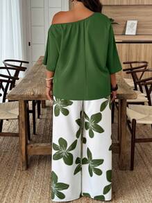 Weeklong Plus Size Women Holiday Solid Color Asymmetrical Shoulder Blouse And Floral Print Wide Leg Pants Loose Suit - Green - View 2