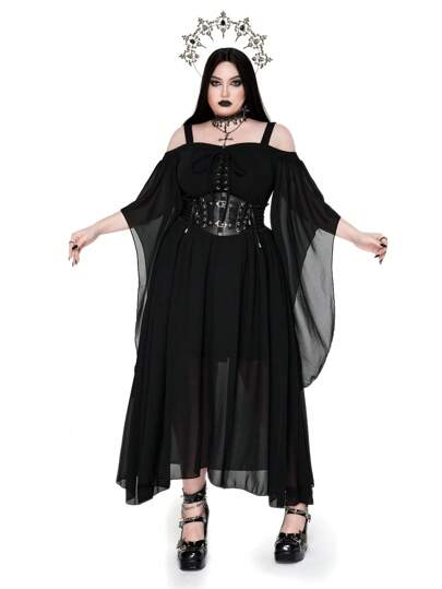 Whyspr Vestido maxi gótico casual de talla grande para mujer con panel de malla de unicolor y tirantes de espagueti