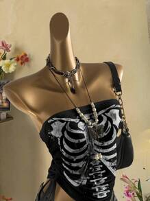 Attitoon Women's Punk Style Retro Splatter Paint Skull Print Cropped Tube Top With Tie Front, Suitable For Summer Music Festivals Back To School Skeleton Tube Top Gothic Clothing Edgy Clothes Woman - Multicolor - View 3