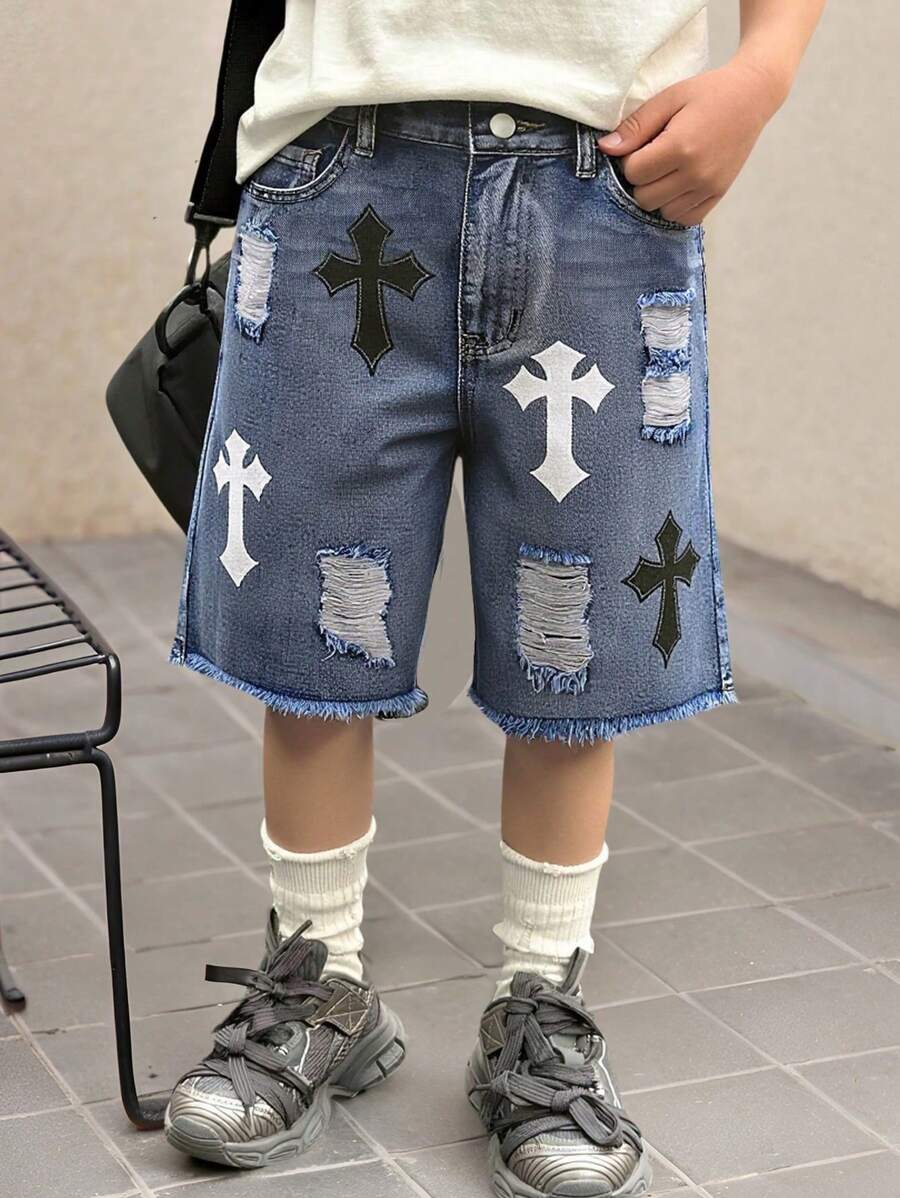 DENIMLY YOUNG BOY 时尚破洞喷漆小马个性印花百搭通勤休闲街头复古浅色水洗毛边破洞修身牛仔短裤，松紧腰带，纽扣开合 - 淺色水洗藍 - 查看 1