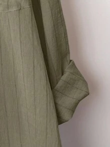 Linhara Áo sơ mi kẻ sọc rộng rãi cài khuy đơn cổ bẻ cho nữ cỡ lớn - xanh quân đội - Xem 5