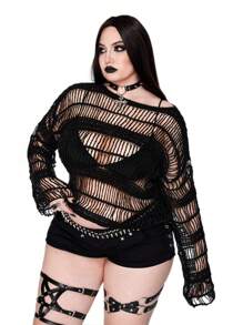 SHEIN Whyspr Plus Goth Punk Hollow Out Knit Pullover Sweater, Cool Summer And Autumn New Style Knit Pullover Fall Winter - Black - View 1