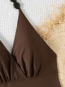 Swim Chiccia 1pc Women's Solid Color Elegant Gathered Tie Neck Asymmetrical Faux Pearl Decor Backless High Collar One-Piece Swimsuit For Summer Beach Vacation