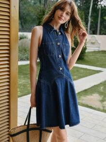 MOTF STUDIO HALF BUTTON POCKET DENIM DRESS