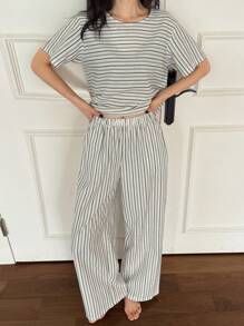 DAZY 女士休闲条纹睡衣套装、家居服 - 卡其色 - 查看 4