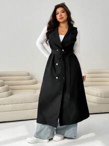 Solflare Women Plus Size Black Sleeveless Casual Trench Coat Sleeveless Blazer Winter Fall Autumn