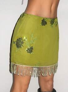 SHEIN Unity Women's Summer Beach Vacation Beaded Embroidery Tassel Hem Mini Skirt - Green - View 5