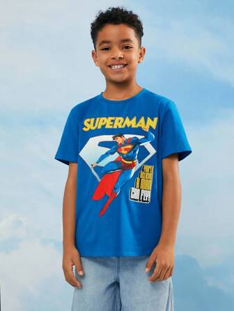 SUPERMAN 2025 Maglietta estiva casual da ragazzo con grafica a lettera e collo rotondo, manica corta