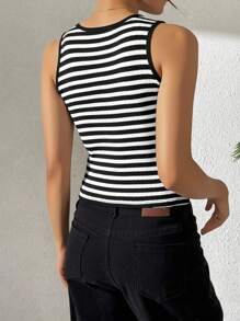 Elenzga Débardeur femme chic et élégant à col rond, taille cintrée, coupe slim, avec rayures asymétriques contrastées et ourlet