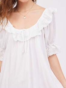 WESTFADE Textured Woven & Floral Eyelet Ruffle Scoop Neck Short Puff Sleeve Cute Bow Tie Mini Summer Sun Dress - White - View 6