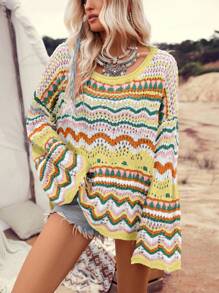 LanaWest Women's Wavy Striped Hollow Out Dropped Shoulder Long Sleeve Casual Sweater Knit Pullover Fall Winter - Multicolor - View 3