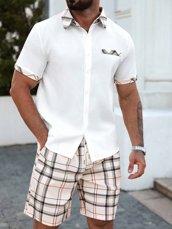 Manfinity Homme Herren Große Größen Set aus Kurzarmhemd mit Knopfleiste und karrierter Muster Cargo Shorts, 2-teilig