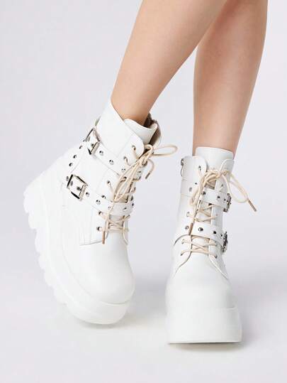 Women Gothic Punk Thick Platform Round Toe Ankle Boots With Grommets & Rivets, Black, Halloween