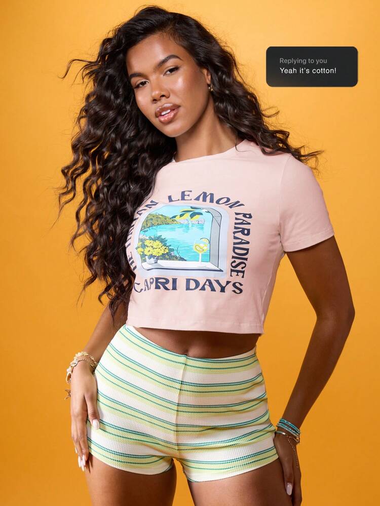 MISSGUIDED T-shirt crop top, motivo grafico con limone, paradiso della Riviera italiana a Capri, vacanza estiva, spiaggia, casual