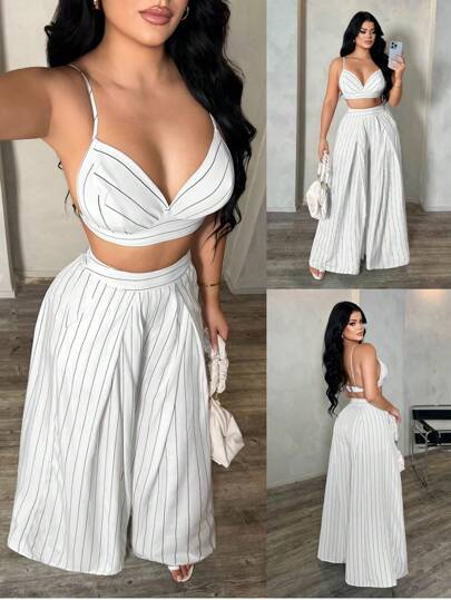 SHEIN SXY Plus Size Women Striped Cropped Camisole And Wide Leg Pants Sexy 2 Pieces Set