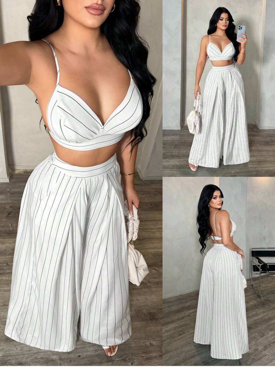 SHEIN SXY 2 件女式条纹露背细肩带上衣和长裤套装，夏季条纹两件套两件套阔腿裤套装条纹阔腿裤两件套女式夏季两件套度假两件套 - 黑與白 - 查看 1