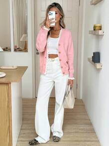 SHEIN LUNE Cardigan maglione casual da donna in colore tinta unita con inserti in pizzo, maniche lunghe