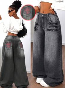 SHEIN ICON 女士休闲牛仔裤，极简主义日常穿着，宽松女士牛仔裤 - 黑色 - 查看 2