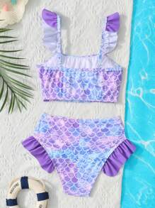 SHEIN Leap Crew 青少年女孩度假休闲沙滩装鱼鳞印花泳衣套装 - 淡紫色 - 查看 2