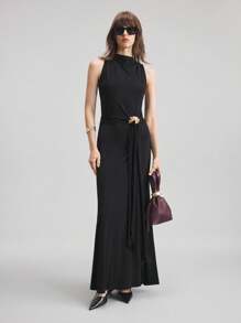 Ontre Đồng phục giáo viên nữ mới năm 2025, Phong cách đô thị, Vải dệt kim, Sợi rayon, Màu đen, Co giãn bốn chiều, Dệt kim đàn hồi, Không tay, Cổ rộng, Váy, Váy xòe, Nút trang trí kim loại, Trang phục thường ngày mùa hè - màu đen - Xem 6