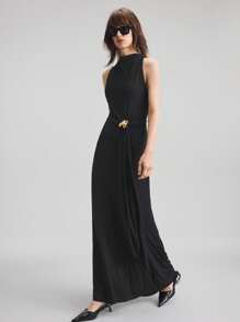 Ontre Đồng phục giáo viên nữ mới năm 2025, Phong cách đô thị, Vải dệt kim, Sợi rayon, Màu đen, Co giãn bốn chiều, Dệt kim đàn hồi, Không tay, Cổ rộng, Váy, Váy xòe, Nút trang trí kim loại, Trang phục thường ngày mùa hè - màu đen - Xem 8