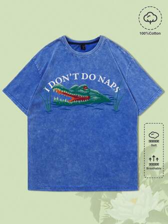 The White Lotus T-shirt a maniche corte da uomo con grafica leopardo delle nevi e coccodrillo lavato, blu, moda estiva casual