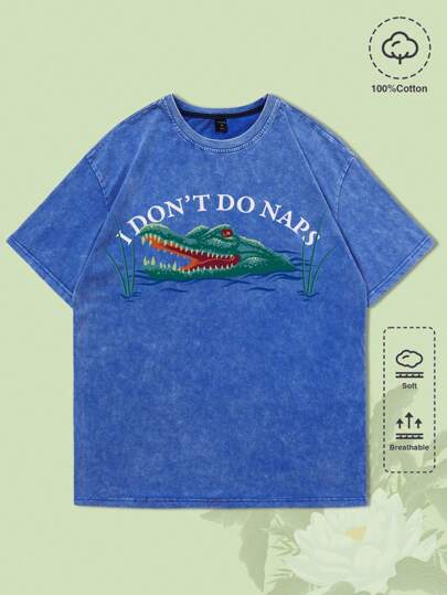 The White Lotus Herren Vintage Schnee Leopard Krokodil Grafik Muster Blaues Kurzarm T-Shirt, Sommer Mode Lässig