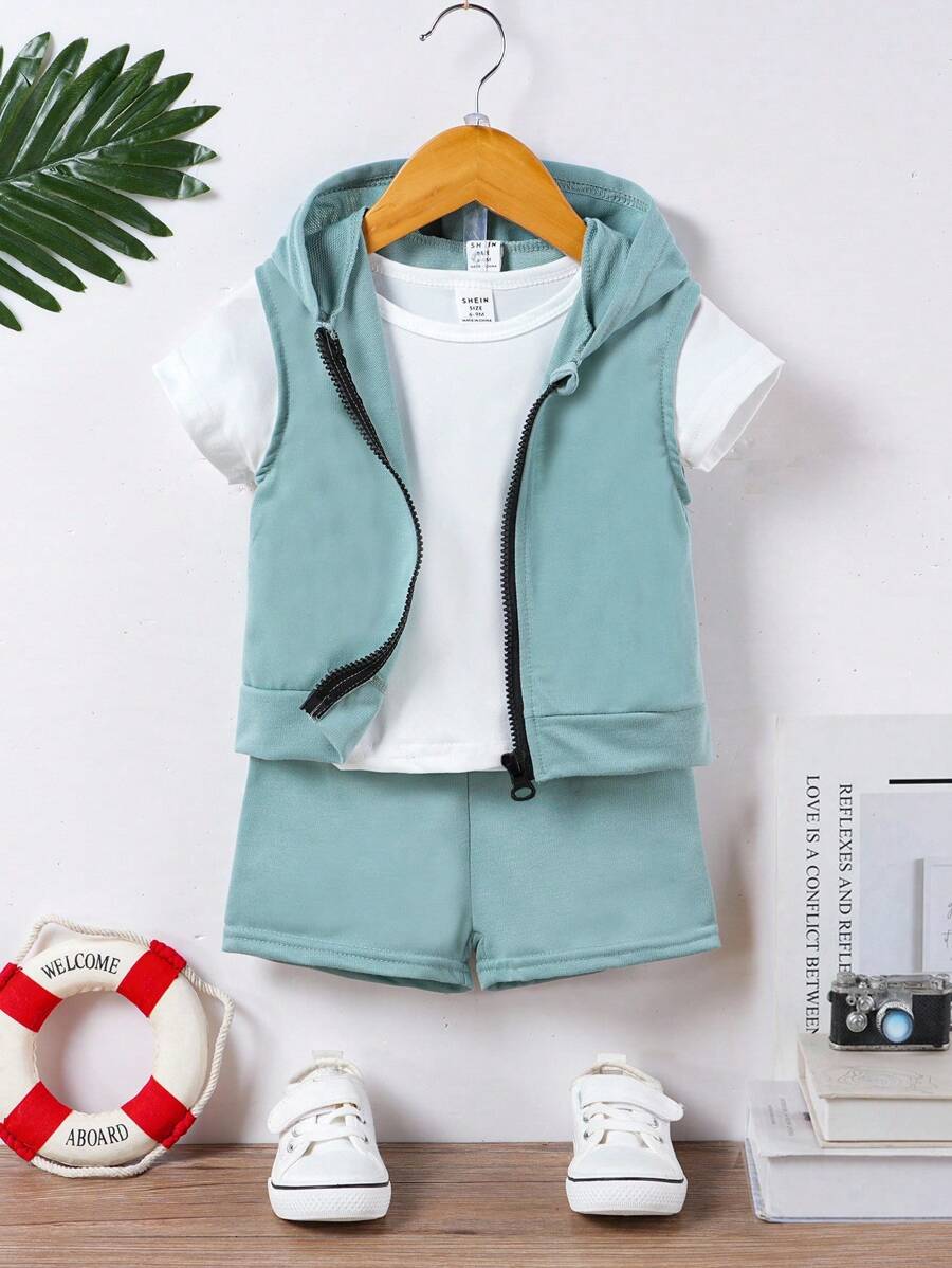 Baby Boys' Simple White Short Sleeve Tee, Lightweight Hooded Vest, Solid Color Sport Shorts - Green - View 1