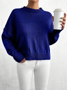 EURMUSE Women's Minimalist Solid Color Batwing Sleeve Loose Fit Sweater - Royal Blue - View 3