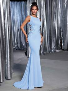 Glamrae Vestido longo sereia elegante em tricô com decote canoa, bordado floral 3D e recorte na cintura, ideal para encontros, festas, formaturas, casamentos, ocasiões formais, eventos noturnos e Dia dos Namorados. Perfeito para encontros românticos, festas de solteiro(a), formaturas, casamentos, eventos formais, noites especiais e para o Dia dos Namorados. - Azul - Ver 8