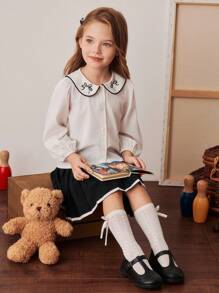 PrepCrw 少女校园风领蝴蝶结印花长袖衬衫 - 黑與白 - 查看 1