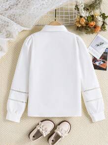 1 件女童领衬衫，前开襟，长袖，白色镂空袖装饰，时尚百搭休闲上衣，秋季 - 白色 - 查看 2