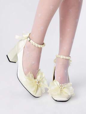Kawaii Women's Square Toe Chunky Heel White Wedding Shoes With Bowknot, Pearl, Lace Flower, Mary Jane, Cute For Outdoor