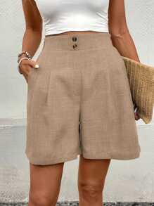 EMERY ROSE Casual Solid Color Loose Shorts, Summer - Khaki - View 6