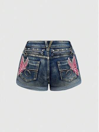 Fairycore Shorts vaqueros ajustados de talle bajo con lavado desgastado y bordado de mariposa estilo Y2K