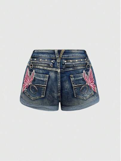Fairycore Shorts vaqueros ajustados de talle bajo con lavado desgastado y bordado de mariposa estilo Y2K
