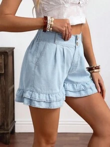 EMERY ROSE Quần short denim cạp cao hai lớp viền bèo nhún thường ngày cho nữ - Màu xanh lam - Xem 5