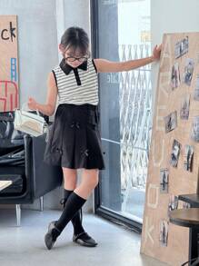SHEIN 女童条纹无袖上衣和舒适款式夏季短裙两件套服装 - 黑色 - 查看 4