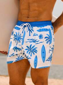 Surfspeed Herren Palmenbaum Muster Shorts mit Kordelzug in der Taille, Lässig Strandshorts - Blau - Übersicht 5