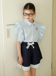 Tween Girl Mesh Cap Sleeve Embroidered Shirt & Lace Trim Bow Waist Shorts 2Pcs Casual Set - Navy Blue - View 6