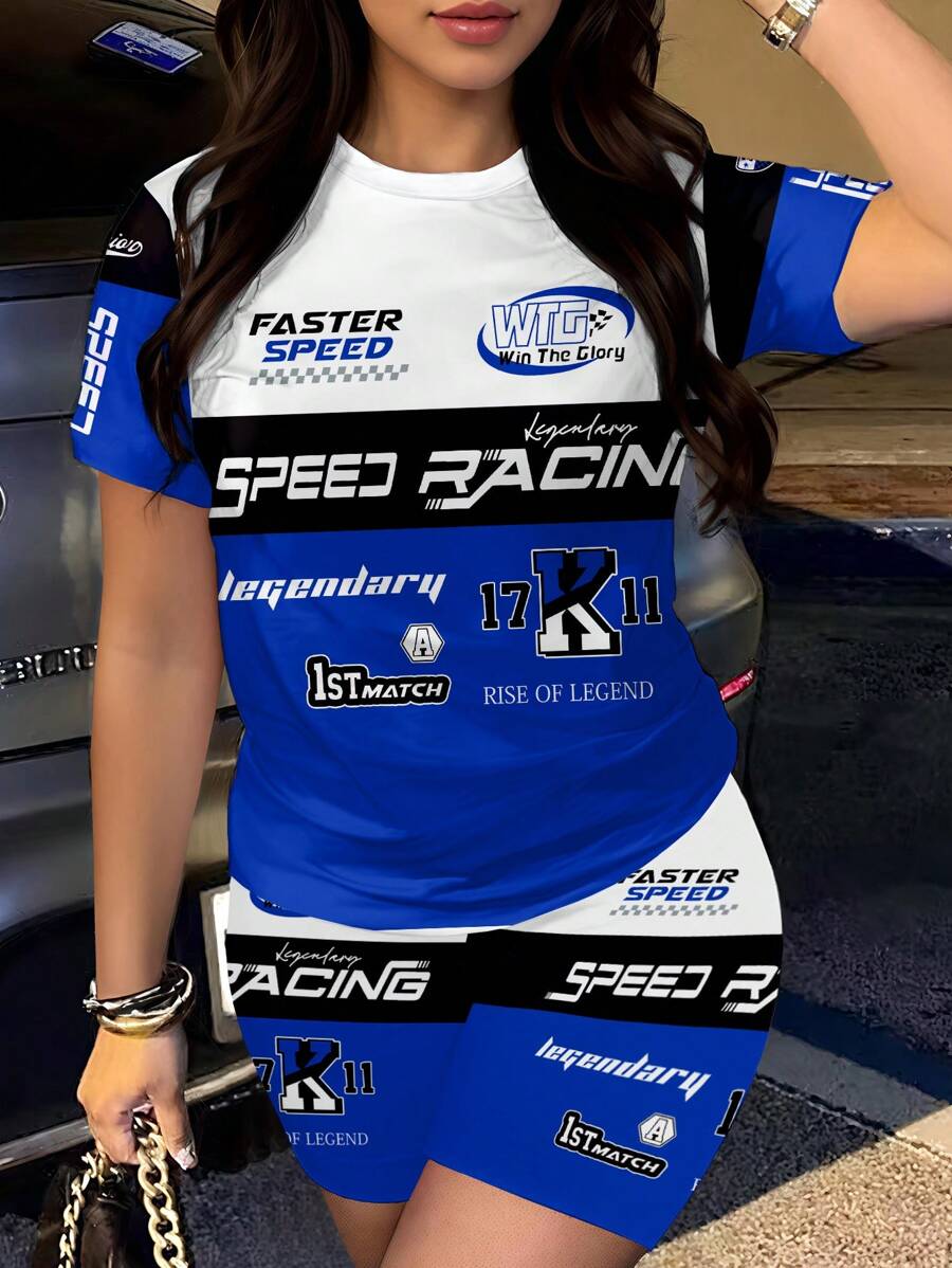 INAWLY レディース サマー レタープリント ラウンドネック 半袖Tシャツ&ショーツ カジュアルアウトフィット 2点セット - マルチカラー - チェックする 1