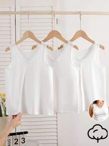 Set de 3 piezas de camisolas de encaje blanco sólido elegantes y dulces para niñas preadolescentes, de algodón suave - Blanco - Ver 1