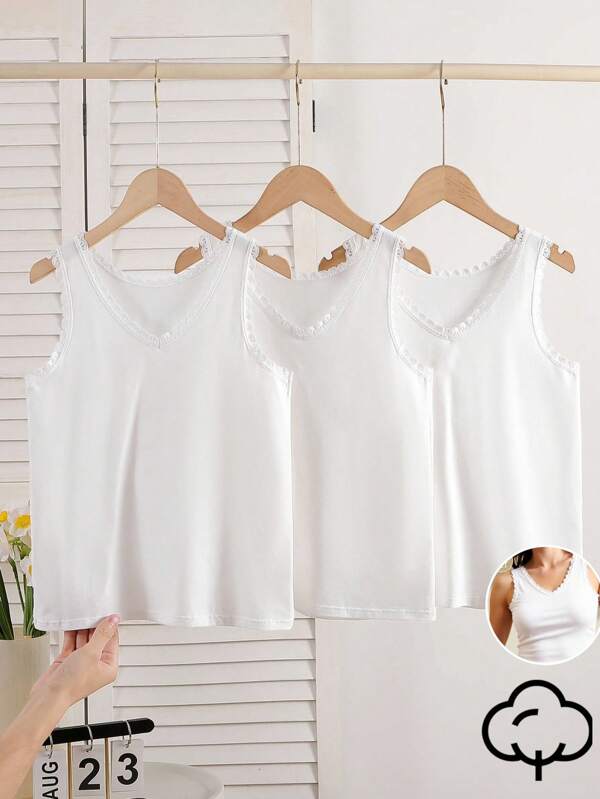 3pcs/Set Teen Girl Elegant Sweet Solid White Lace Tank Top Undershirt, Cotton Soft And Comfortable Lace 3 Pack White Camisoles,Lace V-Neck Base Bra