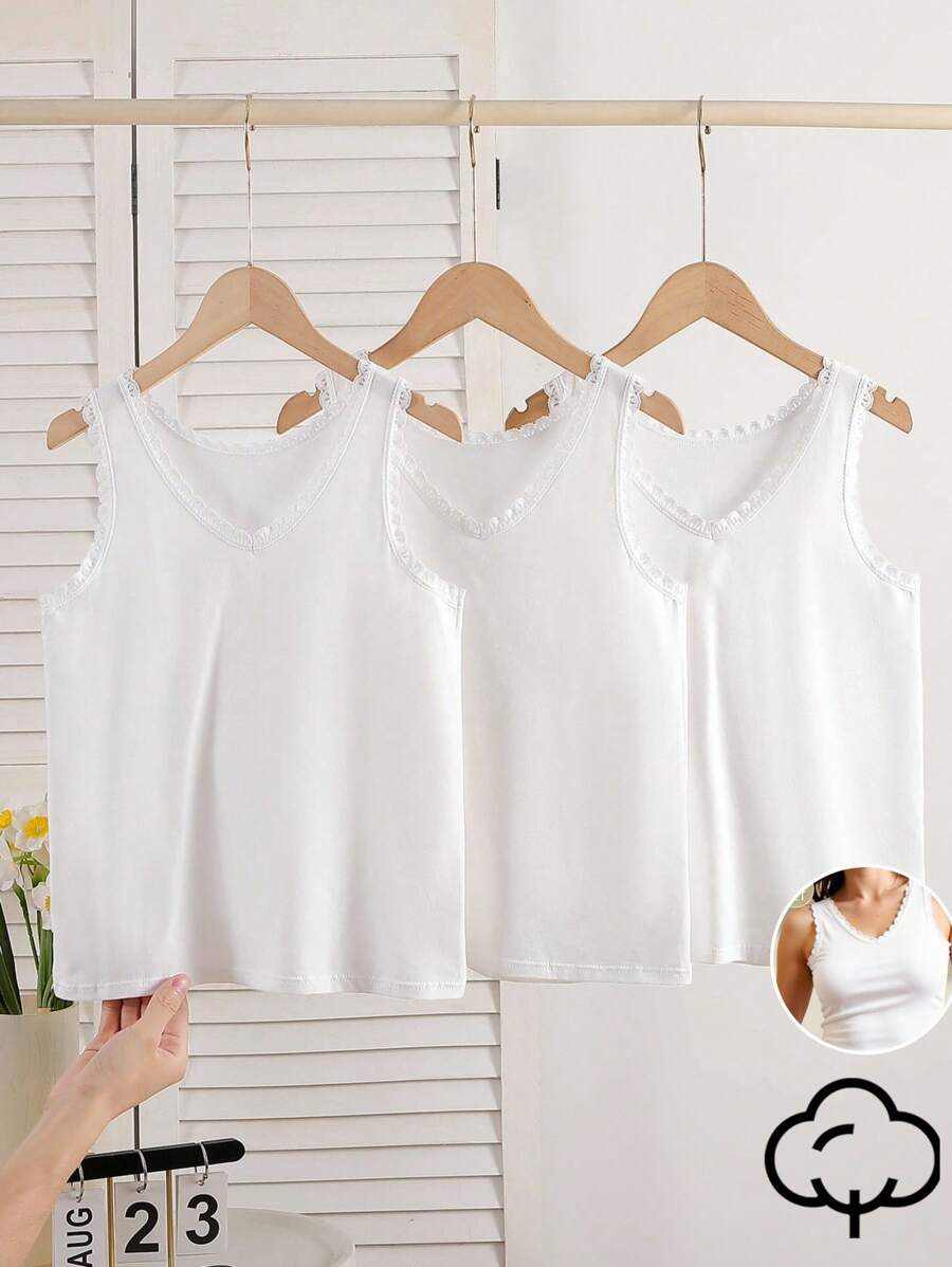 Set de 3 piezas de camisolas de encaje blanco sólido elegantes y dulces para niñas preadolescentes, de algodón suave - Blanco - Ver 1