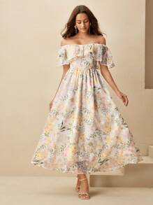 Anewsta Elegant Off Shoulder Ruffle Trim Cinched Waist Loose Resort Style Dress For Women - Yellow - View 4
