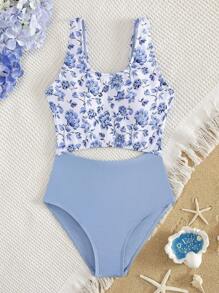 SHEIN Tween Girls' European & American Style Floral Print Hollow-Out One-Piece Swimsuit, Suitable For Beach And Vacation In Summer - Blue and White - View 6
