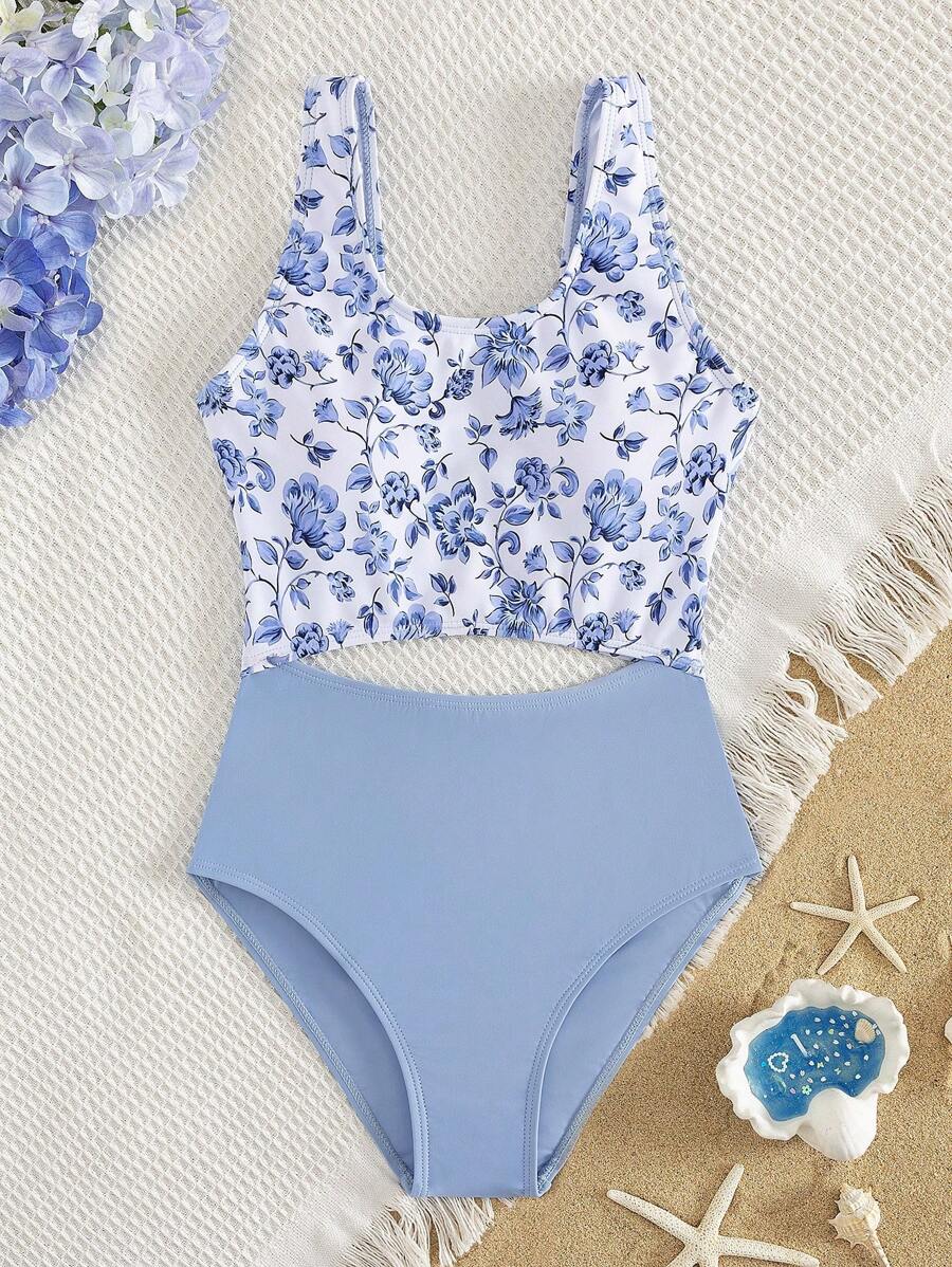 SHEIN Tween Girls' European & American Style Floral Print Hollow-Out One-Piece Swimsuit, Suitable For Beach And Vacation In Summer - Blue and White - View 1